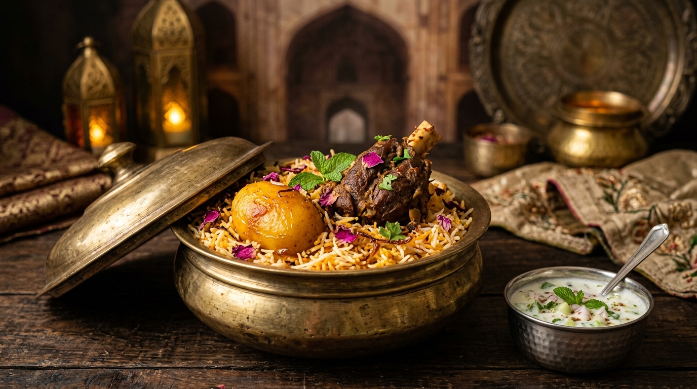 Traditional Kolkata Biryani served in a brass handi, with the signature potato and mutton, in a royal Nawabi setting